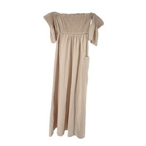 Smocked Maxi Dress L Linen Blend Off The Shoulder Lagenlook Light Taupe Venti6